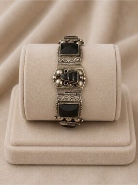 Sterling Silver Black Onyx Carved Bali Face Panel Bracelet Rare and Unique